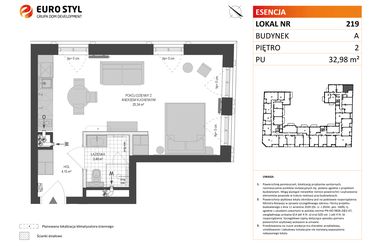 Rzut - Mieszkanie na sprzedaż 1 pokój o powierzchni 32,98 m² - numer A.219 w Esencja - Apartamenty inwestycyjne