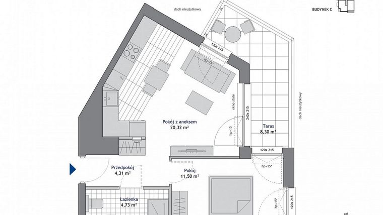 Rzut - Mieszkanie na sprzedaż 2 pokoje o powierzchni 40,86 m² - numer C.1.11 w Nowa Dąbrowa