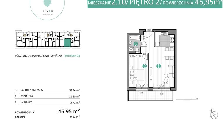 Rzut - Mieszkanie na sprzedaż 2 pokoje o powierzchni 46,95 m² - numer 03.2.10 w Port Jastarnia bud. 02, 03