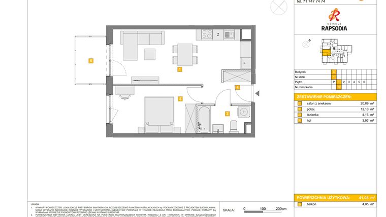 Rzut - Mieszkanie na sprzedaż 2 pokoje o powierzchni 41,08 m² - numer C.12 w Osiedle Rapsodia etap 2
