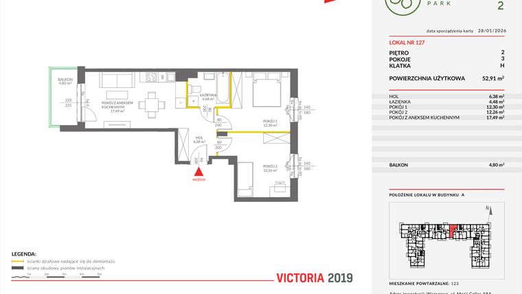 Rzut - Mieszkanie na sprzedaż 3 pokoje o powierzchni 52,78 m² - numer A.127 w Olchowy Park II