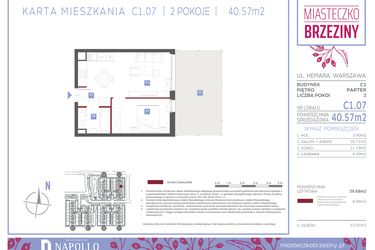 Rzut - Mieszkanie na sprzedaż 2 pokoje o powierzchni 40,57 m² - numer C1.07 w Miasteczko Brzeziny II