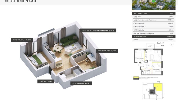 Rzut - Mieszkanie na sprzedaż 3 pokoje o powierzchni 55,66 m² - numer C.2.9 w Dobry Poranek
