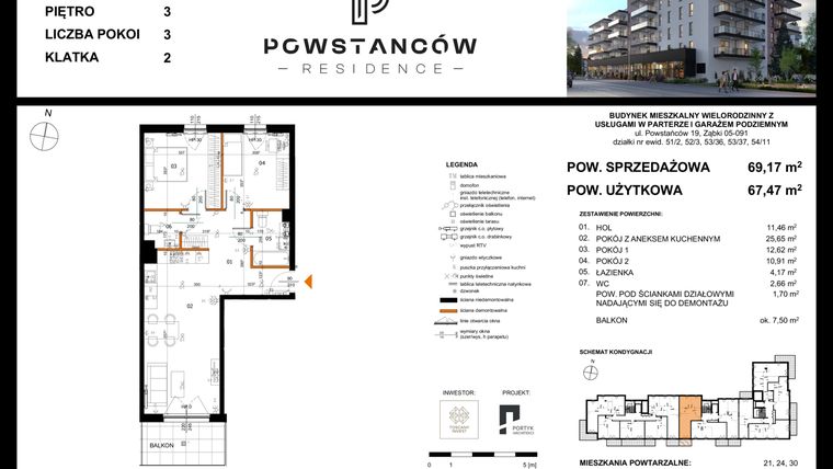 Rzut - Mieszkanie na sprzedaż 3 pokoje o powierzchni 67,42 m² - numer 27 w Powstańców Residence