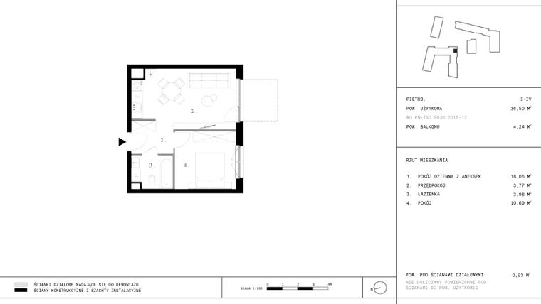 Rzut - Mieszkanie na sprzedaż 2 pokoje o powierzchni 36,34 m² - numer 143 w 28 czerwca 1956 r.