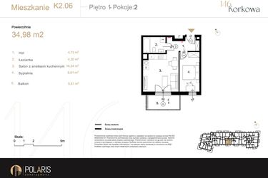 Rzut - Mieszkanie na sprzedaż 2 pokoje o powierzchni 34,98 m² - numer K2.06 w Korkowa 146