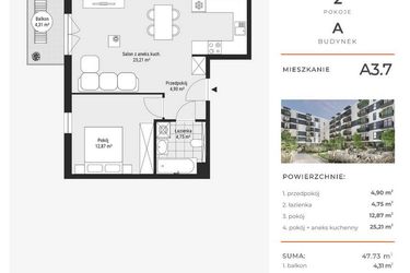 Rzut - Mieszkanie na sprzedaż 2 pokoje o powierzchni 47,75 m² - numer A3.7 w Enklawa Bukowa