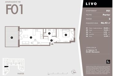 Rzut - Mieszkanie na sprzedaż 2 pokoje o powierzchni 46,42 m² - numer F01 w Livo