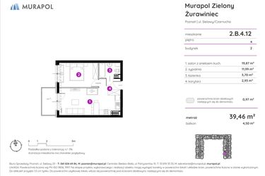 Rzut - Mieszkanie na sprzedaż 2 pokoje o powierzchni 39,16 m² - numer 2.B.4.12 w Murapol Zielony Żurawiniec