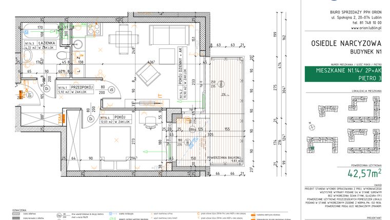 Rzut - Mieszkanie na sprzedaż 2 pokoje o powierzchni 42,57 m² - numer N1.14 w Osiedle Narcyzowe etap 2