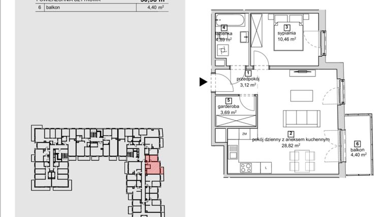 Rzut - Mieszkanie na sprzedaż 2 pokoje o powierzchni 50,98 m² - numer 2C-1-4 w Naramowice Odnova