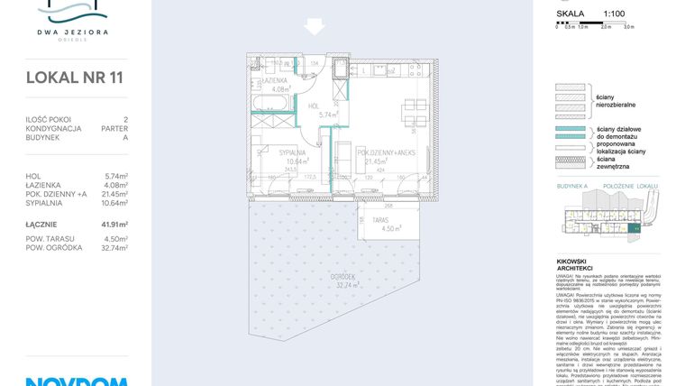 Rzut - Mieszkanie na sprzedaż 2 pokoje o powierzchni 41,91 m² - numer A.11 w Dwa Jeziora