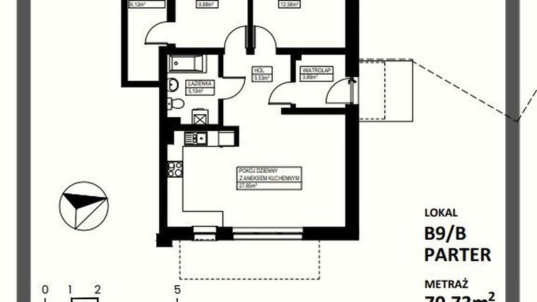 Rzut - Mieszkanie na sprzedaż 3 pokoje o powierzchni 70,73 m² - numer B9/Bparter w Osiedle Lente Zacharzyce