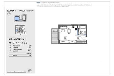 Rzut - Mieszkanie na sprzedaż 1 pokój o powierzchni 32,84 m² - numer B1.1.7 w Chryzantemovo