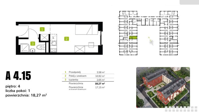 Rzut - Mieszkanie na sprzedaż 1 pokój o powierzchni 18,27 m² - numer A4.15 w Sołtysowicka 21C
