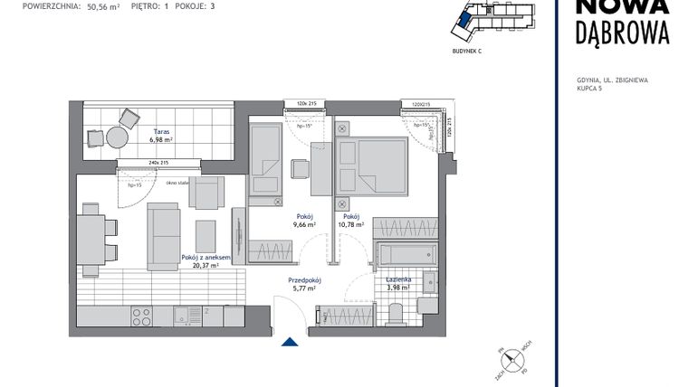Rzut - Mieszkanie na sprzedaż 3 pokoje o powierzchni 50,56 m² - numer C.1.10 w Nowa Dąbrowa