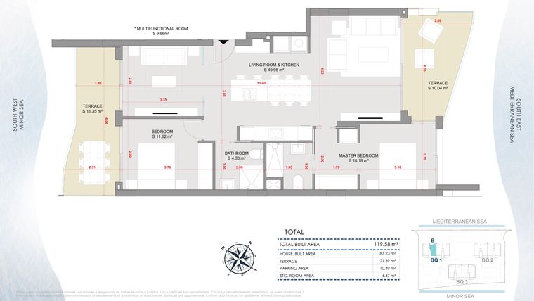Rzut - Mieszkanie na sprzedaż 3 pokoje o powierzchni 119,58 m² - numer 3-3-B w Apartamenty w La Manga del Mar Menor - 47236454