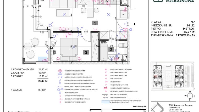 Rzut - Mieszkanie na sprzedaż 2 pokoje o powierzchni 39,27 m² - numer 22 w Apartamenty Poligonowa etap 5
