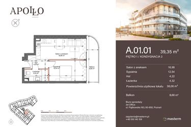 Rzut - Mieszkanie na sprzedaż 2 pokoje o powierzchni 38,06 m² - numer A.1.01 w Apollo Residence