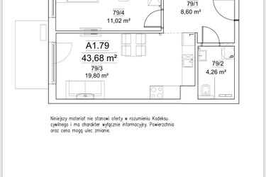 Rzut - Mieszkanie na sprzedaż 2 pokoje o powierzchni 43,68 m² - numer A1.79 w FORTnatura