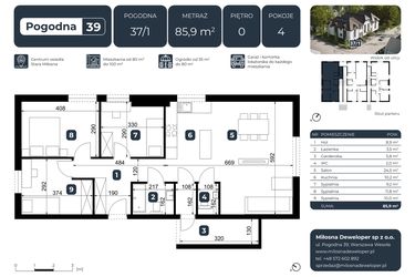 Rzut - Mieszkanie na sprzedaż 4 pokoje o powierzchni 87 m² - numer 37/1 w Pogodna 39