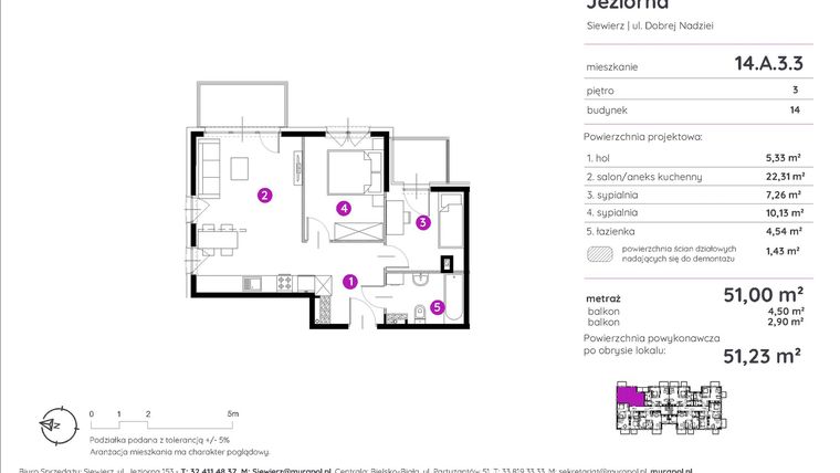 Rzut - Mieszkanie na sprzedaż 3 pokoje o powierzchni 51 m² - numer 14.A.3.3 w Murapol Siewierz Jeziorna