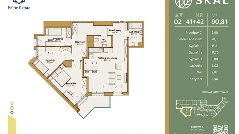 Rzut - Mieszkanie na sprzedaż 1 pokój o powierzchni 90,81 m² - numer M.41+42 w Skal