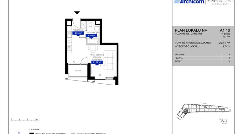Rzut - Mieszkanie na sprzedaż 1 pokój o powierzchni 30,08 m² - numer A1.10 w Apartamenty Esencja II