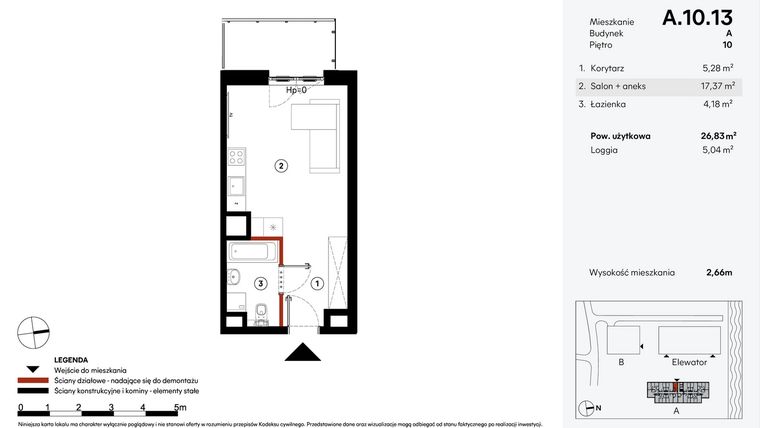 Rzut - Mieszkanie na sprzedaż 1 pokój o powierzchni 26,83 m² - numer A.10.13 w Elewator - Mieszkania i Lofty