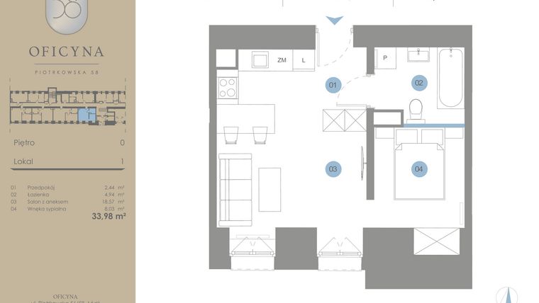 Rzut - Mieszkanie na sprzedaż 1 pokój o powierzchni 33,98 m² - numer 1 w Oficyna - Apartamenty Inwestycyjne Apart Hotel