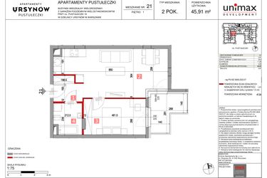 Rzut - Mieszkanie na sprzedaż 2 pokoje o powierzchni 45,91 m² - numer M21 w Apartamenty Pustułeczki