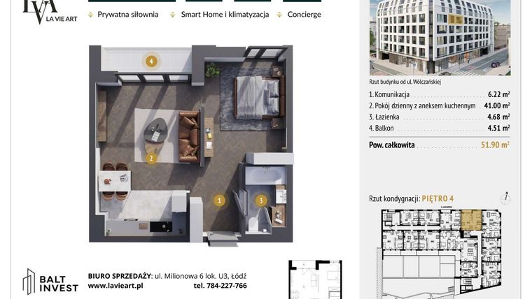 Rzut - Mieszkanie na sprzedaż 1 pokój o powierzchni 51,9 m² - numer M4.9 w La Vie Art