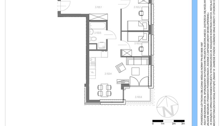 Rzut - Mieszkanie na sprzedaż 3 pokoje o powierzchni 50,76 m² - numer 103 w Osiedle Piltza Etap V
