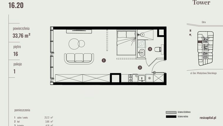 Rzut - Mieszkanie na sprzedaż 1 pokój o powierzchni 34,04 m² - numer 16.20 w Quorum Tower