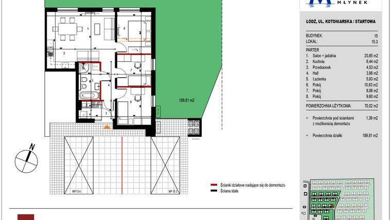 Rzut - Mieszkanie na sprzedaż 3 pokoje o powierzchni 69,85 m² - numer 15.3 w Przystań Młynek