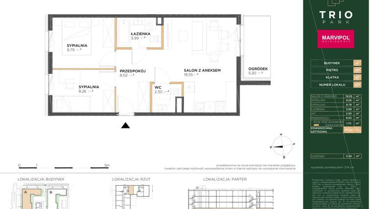 Rzut - Mieszkanie na sprzedaż 3 pokoje o powierzchni 53,63 m² - numer A011 w Trio Park