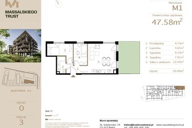 Rzut - Mieszkanie na sprzedaż 3 pokoje o powierzchni 47,58 m² - numer M1 w Massalskiego Trust