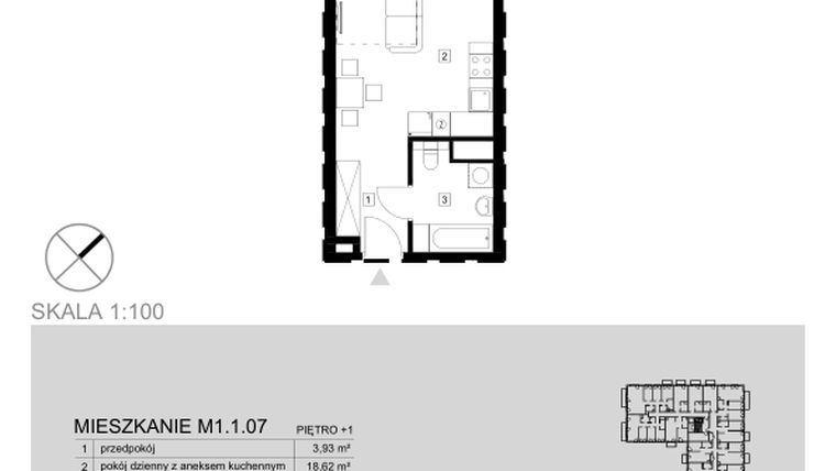 Rzut - Mieszkanie na sprzedaż 1 pokój o powierzchni 27,53 m² - numer M1.1.07 w Modern Helenów