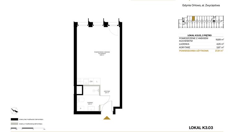 Rzut - Mieszkanie na sprzedaż 1 pokój o powierzchni 27,81 m² - numer K3.03 w Orłowo Square - Apartamenty inwestycyjne