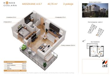 Rzut - Mieszkanie na sprzedaż 2 pokoje o powierzchni 42,76 m² - numer A.6.7 w Rondo Ceglana etap II