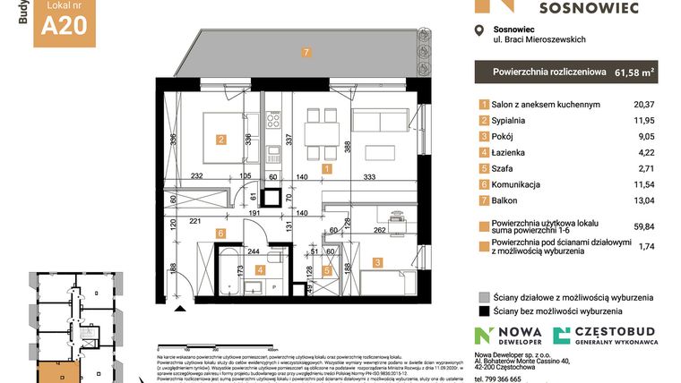 Rzut - Mieszkanie na sprzedaż 3 pokoje o powierzchni 61,58 m² - numer A20 w Nowy Sosnowiec