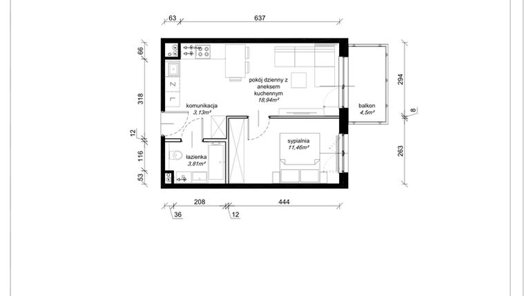 Rzut - Mieszkanie na sprzedaż 2 pokoje o powierzchni 37,34 m² - numer F.2.23.2a w Art.Teo etap 3