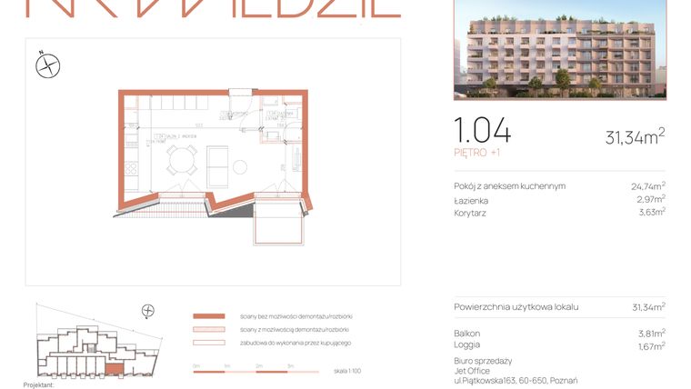 Rzut - Mieszkanie na sprzedaż 1 pokój o powierzchni 31,34 m² - numer 1.04 w Na Wildzie