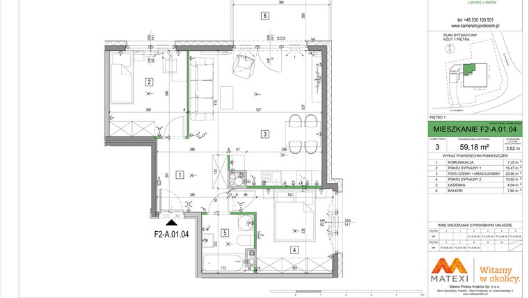 Rzut - Mieszkanie na sprzedaż 3 pokoje o powierzchni 59,08 m² - numer F2-A.01.04 w Kameralny Prokocim 2