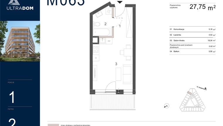 Rzut - Mieszkanie na sprzedaż 1 pokój o powierzchni 28,37 m² - numer M063 w Ultradom