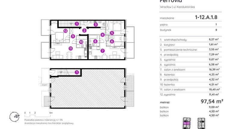 Rzut - Mieszkanie na sprzedaż 5 pokoi o powierzchni 97,54 m² - numer 1-12.A.1.8 w Murapol Osiedle Ferrovia