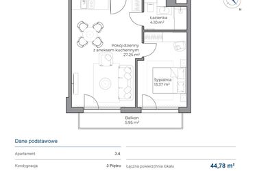 Rzut - Mieszkanie na sprzedaż 2 pokoje o powierzchni 44,78 m² - numer B.3.4 w Anchoria Holiday
