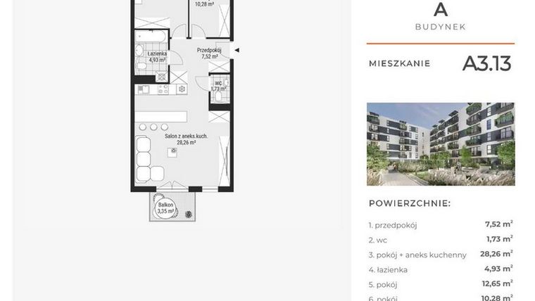 Rzut - Mieszkanie na sprzedaż 3 pokoje o powierzchni 65,49 m² - numer A3.13 w Enklawa Bukowa