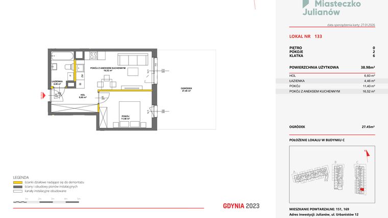 Rzut - Mieszkanie na sprzedaż 2 pokoje o powierzchni 39,02 m² - numer 133 w Miasteczko Julianów