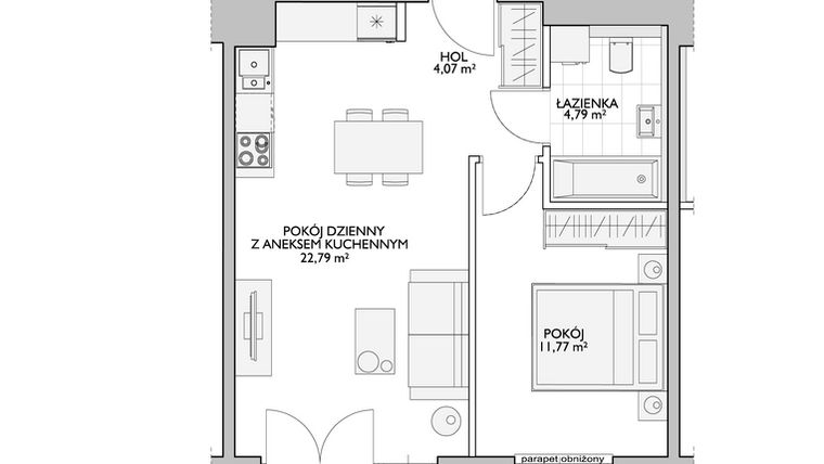 Rzut - Mieszkanie na sprzedaż 2 pokoje o powierzchni 44,58 m² - numer WO/P33/54 w Wiszące Ogrody